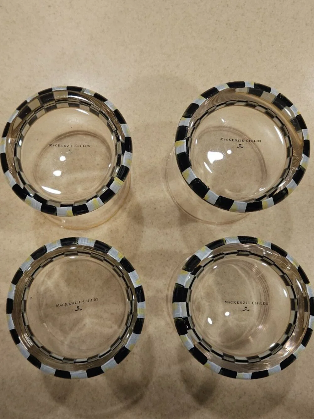 4 RETIRED MACKENZIE CHILDS COURTLY CHECK DOf BAR WATER DRINKING GLASS TUMBLER